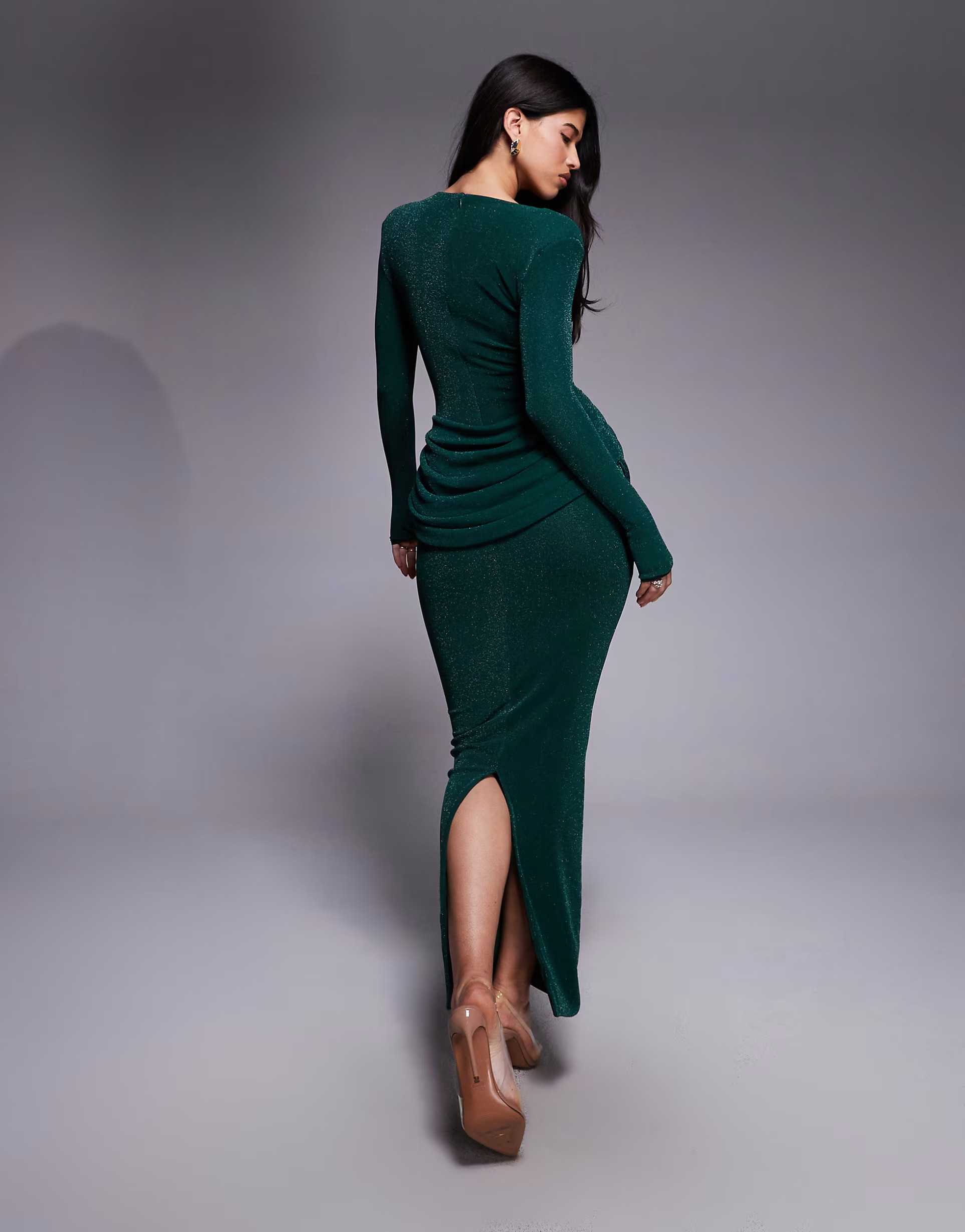 Wanderdoll Eman long sleeve slash neck drape waist detail bodycon maxi dress in emerald glitter | ASOS (Global)