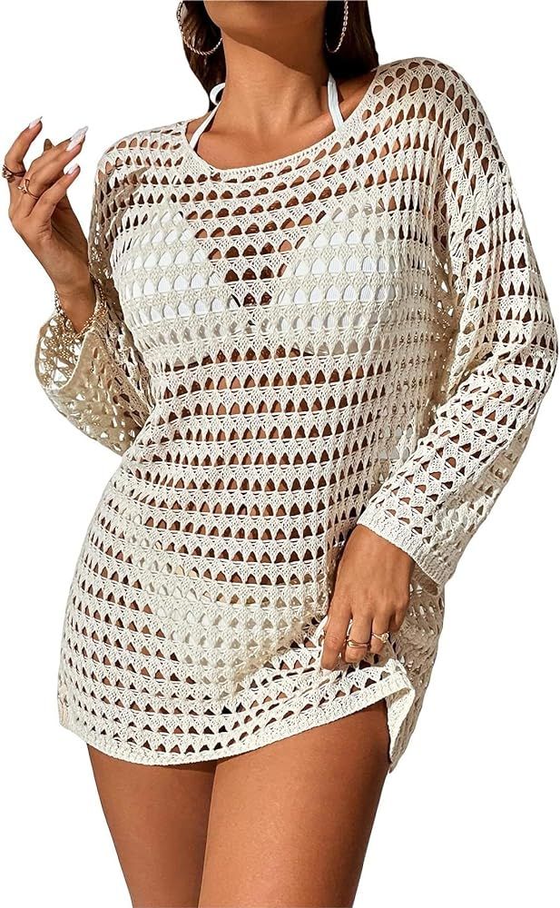 COZYEASE Women's Crochet hollow Out Cover Up Swimsuit Long Sleeve Drop Shoulder Cover Up Beach We... | Amazon (US)