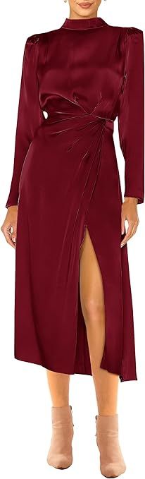 PRETTYGARDEN Women's 2023 Fall Satin Dress Long Sleeve Mock Neck Ruched Side Slit Elegant Silk Co... | Amazon (US)