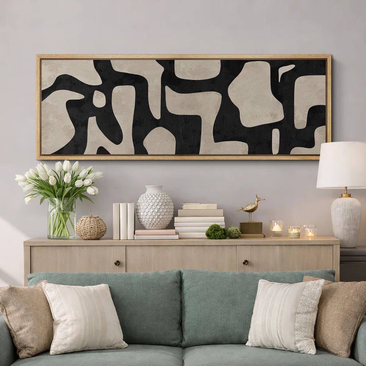 Mid Century Shape Abstract Contours, Black And White Beige Artwork, Retro Bedroom Home Decor, Ext... | Wayfair North America