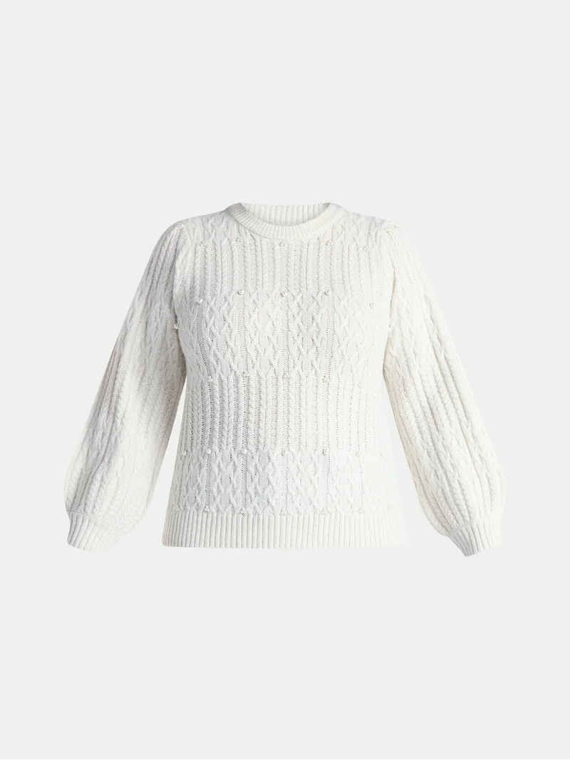 Terra & Sky Women’s Plus Cable Knit Sweater with Faux Pearls, Lightweight, Sizes 0X-5X | Walmart (US)