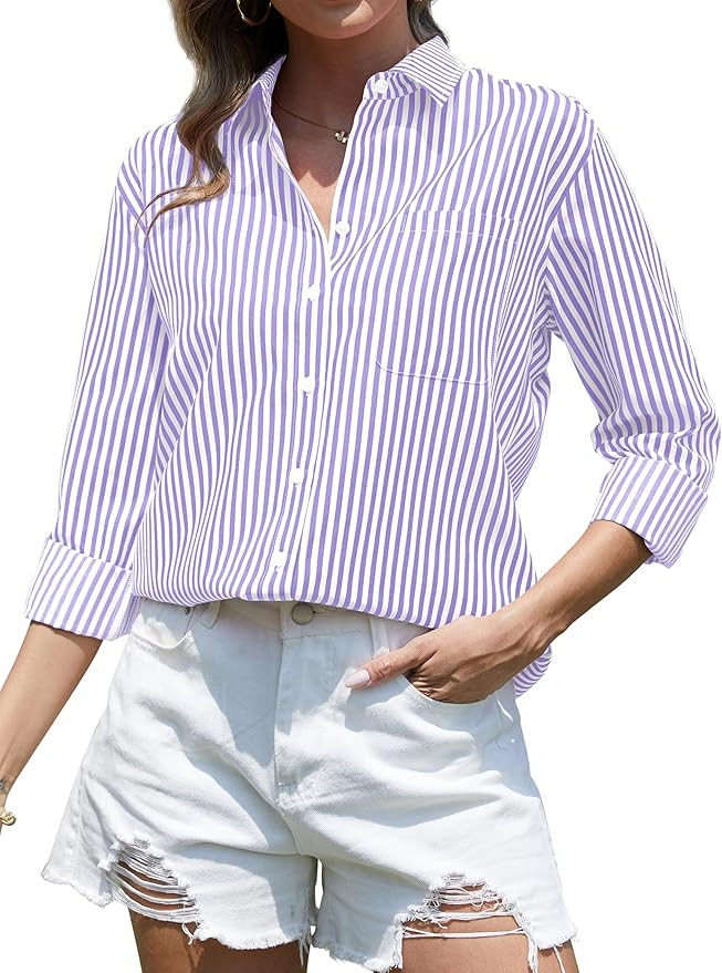 CUNLIN Women's Wrinkle-Resistant Striped Long Sleeve Button Down Shirt | Regular Fit,Business Cas... | Amazon (US)