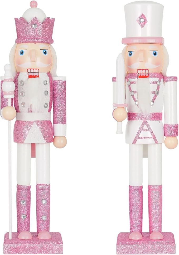 Nutcracker Christmas Decor Set of 2 15-Inch Wooden King and Soldier Glitter Pink Nutcracker Figur... | Amazon (US)