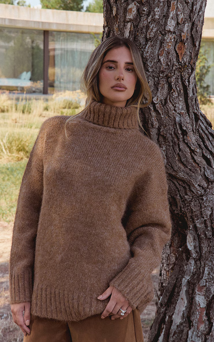 Camel Roll Neck Balloon Sleeve Oversized Jumper | PrettyLittleThing UK