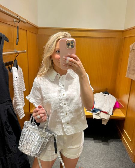 White on white for this classic summer look! White linen ruffle top and the white jean shorts that aren’t too short but also aren’t too long 👏🏻 Fit is true to size in both. In the XS in the top and the 00 in the shorts! Also this silver metallic straw bag is EVERYTHING 🤍 #JCrew #JCrewObsessed #classicstyle #springstyle #springstyleinspo #outfitinspo #summerstyle #summerinspo #springbreakoutfits 

#LTKitbag #LTKsalealert #LTKSeasonal