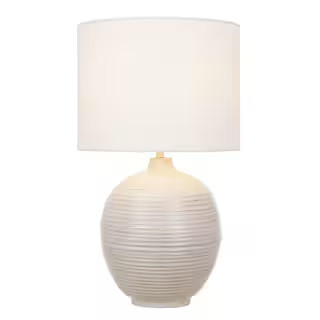 Hampton Bay Finch 22 in. Distressed White Ribbed Table Lamp with White Linen Shade 24127-001 - Th... | The Home Depot