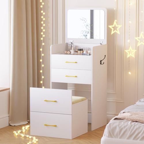 Gurexl 3 in 1 Vanity Desk with Flip Top Mirror,Small Make Up Vanity Set with Visible Glass Deskto... | Amazon (US)