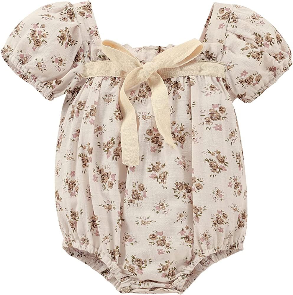Kupretty Newborn Infant Baby Girl Summer Clothes Vintage Floral Romper Square Neck Short Sleeve B... | Amazon (US)