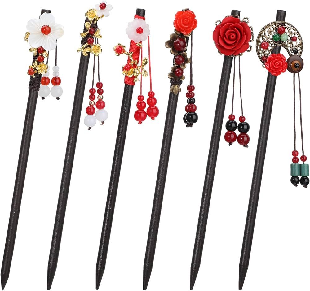 WILLBOND 6 Pieces Chinese Wooden Hair Sticks Japanese Hair Chopsticks Retro Tassel Flower Vintage... | Amazon (US)