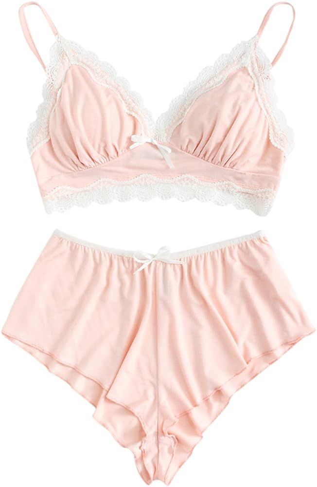 Women's Lace Trim Underwear Lingerie Straps Bralette and Panty Set | Amazon (US)