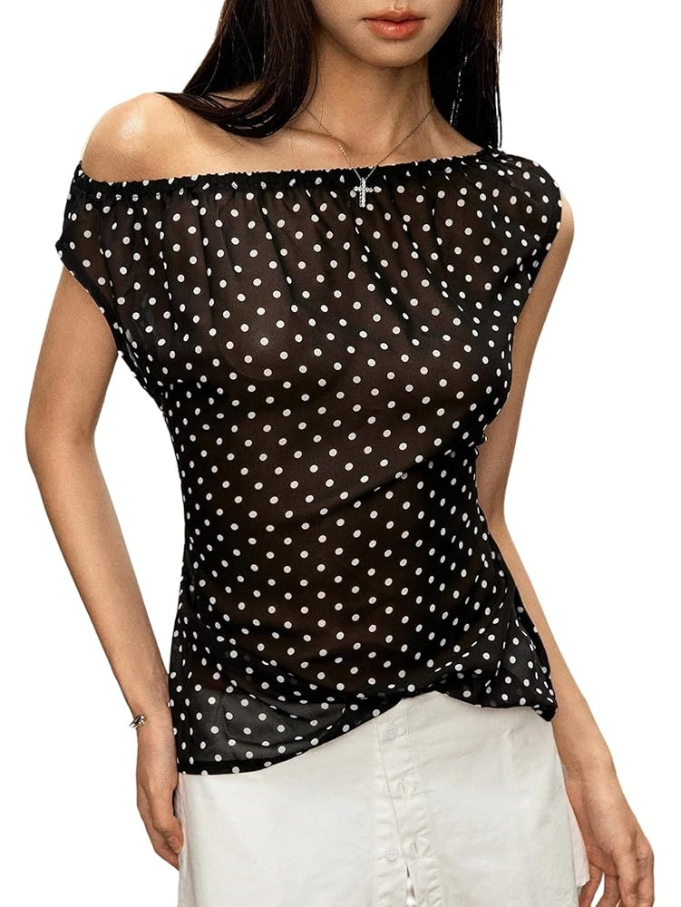 WDIRARA Women's Polka Dots Off The Shoulder Tops Short Sleeve Sheer Mesh Knot Back Tee Shirts | Amazon (US)