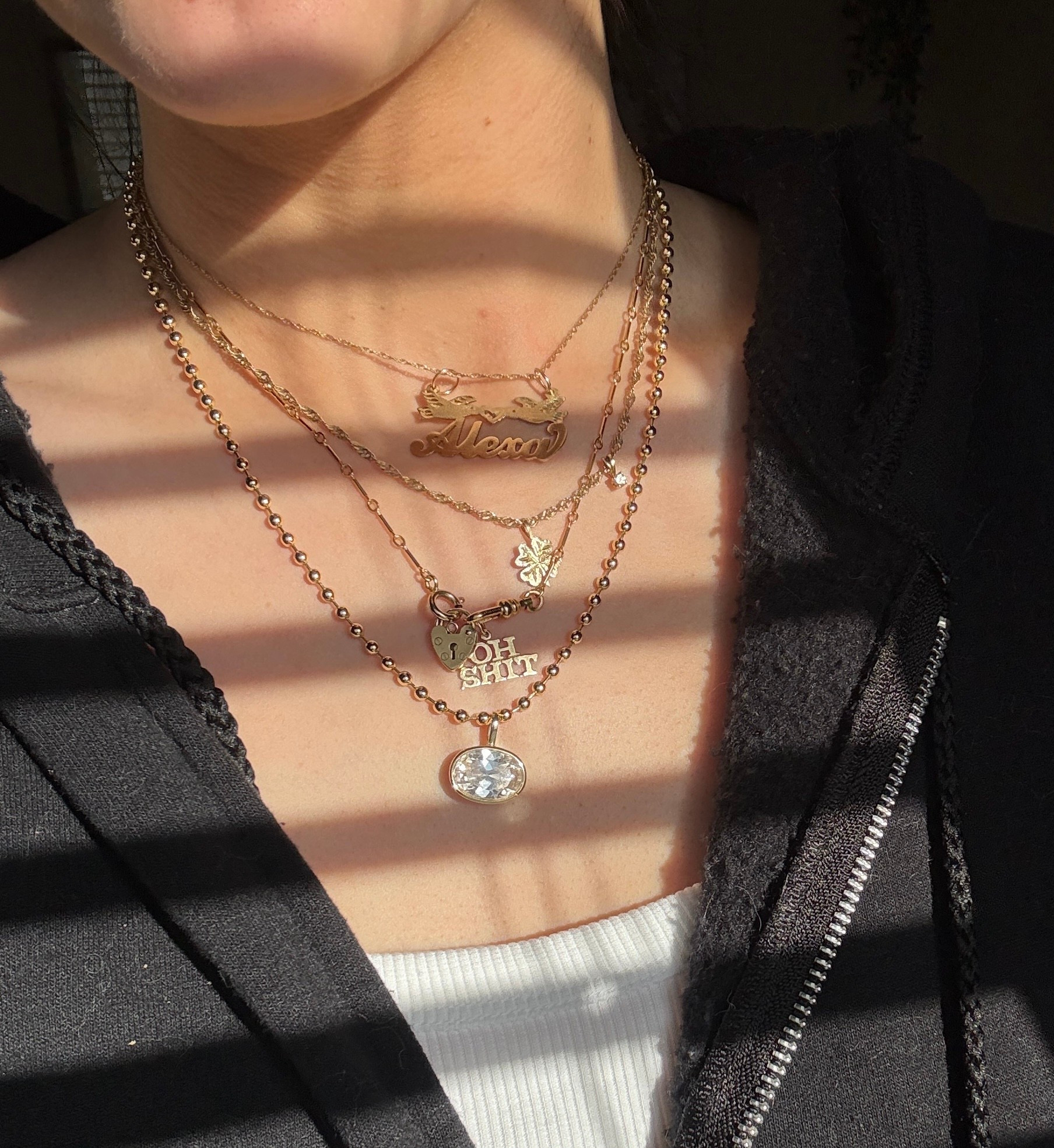 Necklace stack 

14k gold nameplate and 14k “Oh Shit” charm are from Yeah it’s Jewelry

#affordablejewelry
#finejewelry
#14kgoldnecklace
#jewelryinspo #necklaces #necklaceinspo
#necklacestack #jewelrystack #etsyjewelry #amazonjewelry
#LTKFindsUnder50
#LTKFindsUnder100
#LTKGiftGuide
