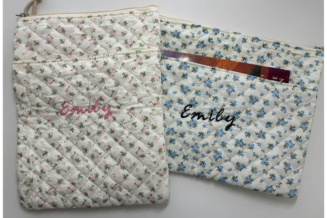 Personalized Embroidered Name Book Sleeve Set 2 Pcs, Padded Book Cover, Floral Book Purse Protect... | Etsy (US)