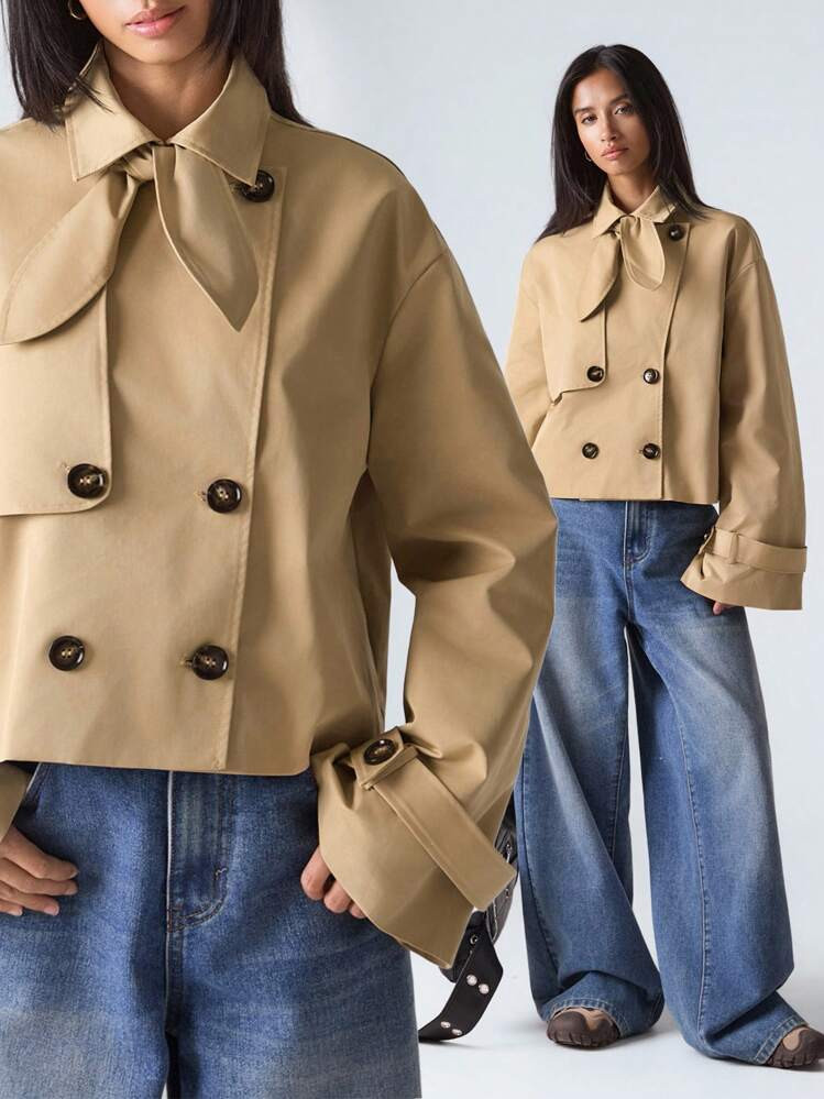 LYSMO Women's Khaki Tie Neck & Drop Shoulder Double Breasted Casual H-Line Trench Coat For Minimalist, Streetwear, Stockholm Style, 2025 Autumn Outerwear | SHEIN