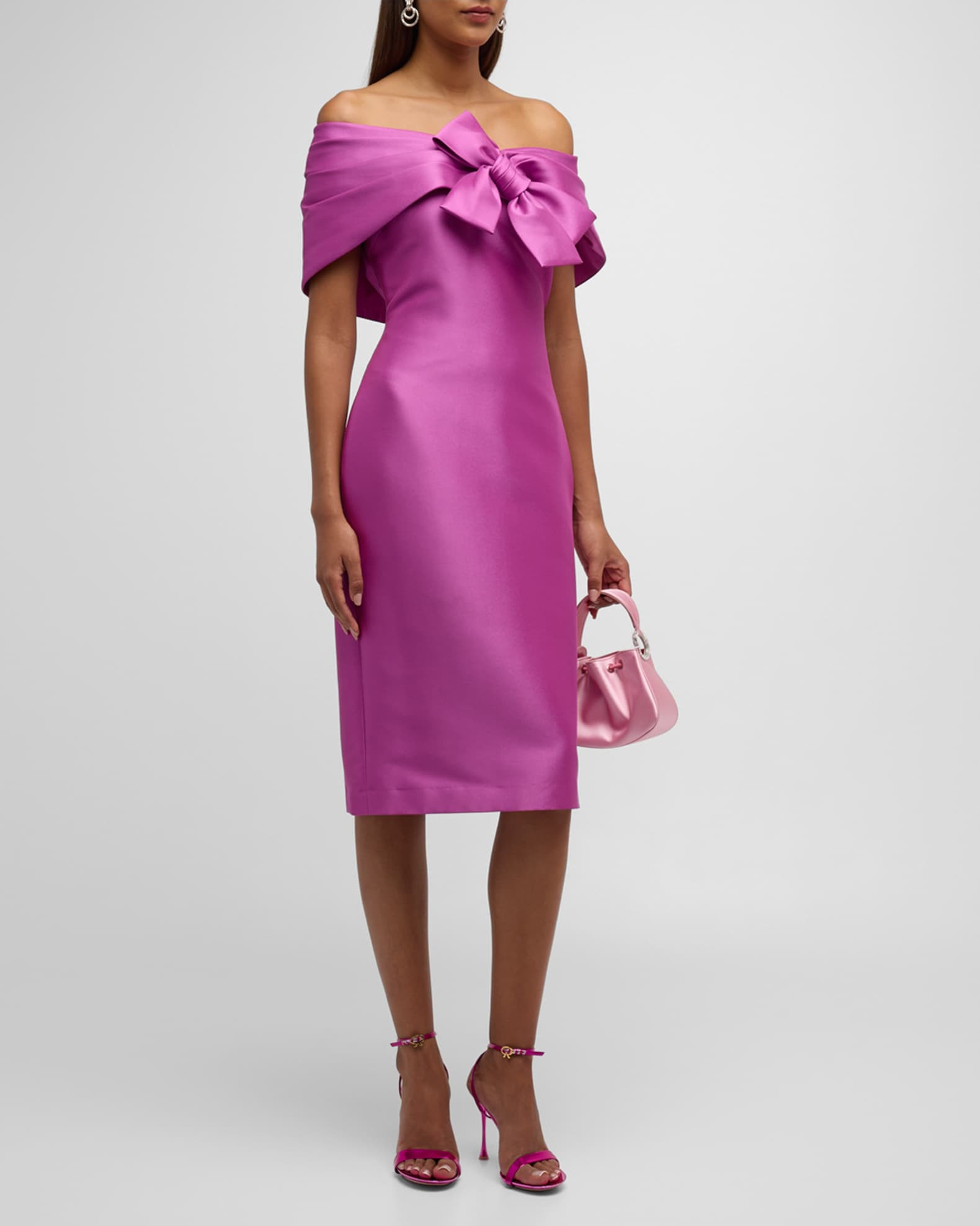 Off-Shoulder Bow-Front Bodycon Midi Dress | Neiman Marcus