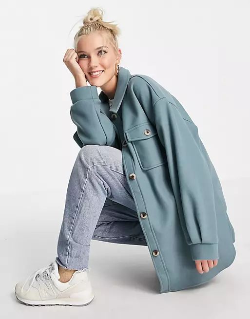 Pieces recycled polyester blend oversized shacket in blue | ASOS (Global)
