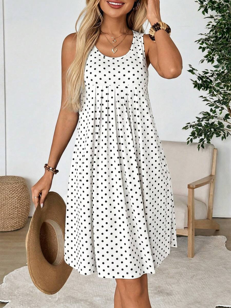 Rosumi Plus Size Women's Summer Casual Vacation Country Sleeveless White Polka Dot Dress, Spring/... | SHEIN