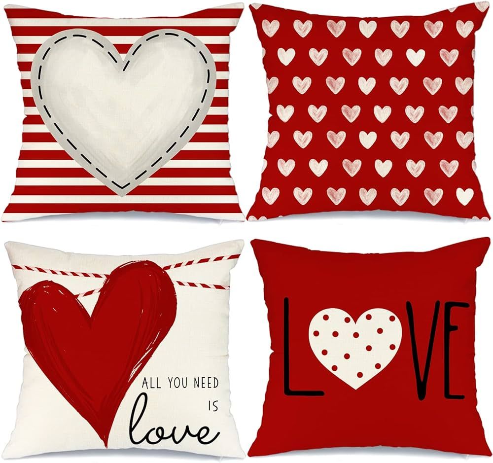 GEEORY Valentines Day Pillow Covers 18X18 inch Set of 4 for Valentines Decor Red White Stripes Do... | Amazon (US)