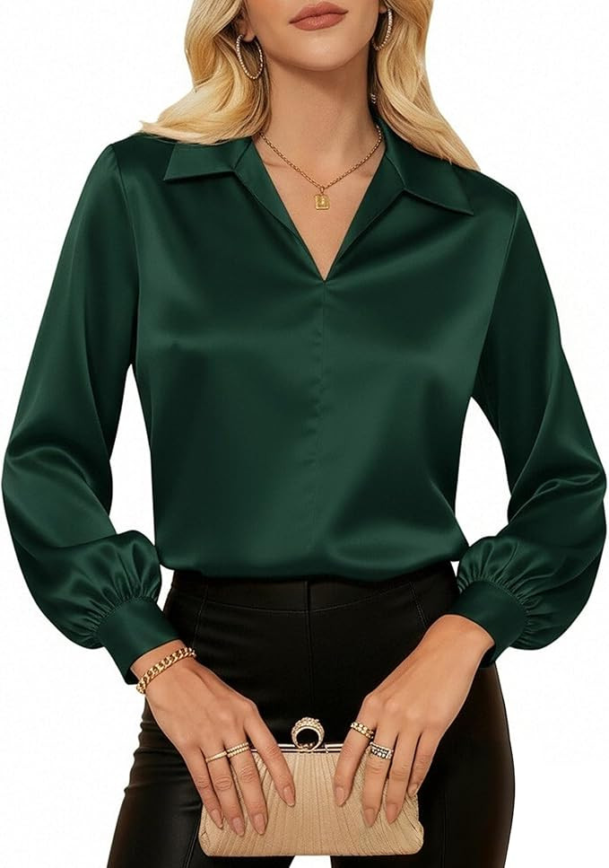 GRACE KARIN Business Casual Tops for Women Satin Silk Blouse Collared V Neck Long Sleeve Work Shi... | Amazon (US)
