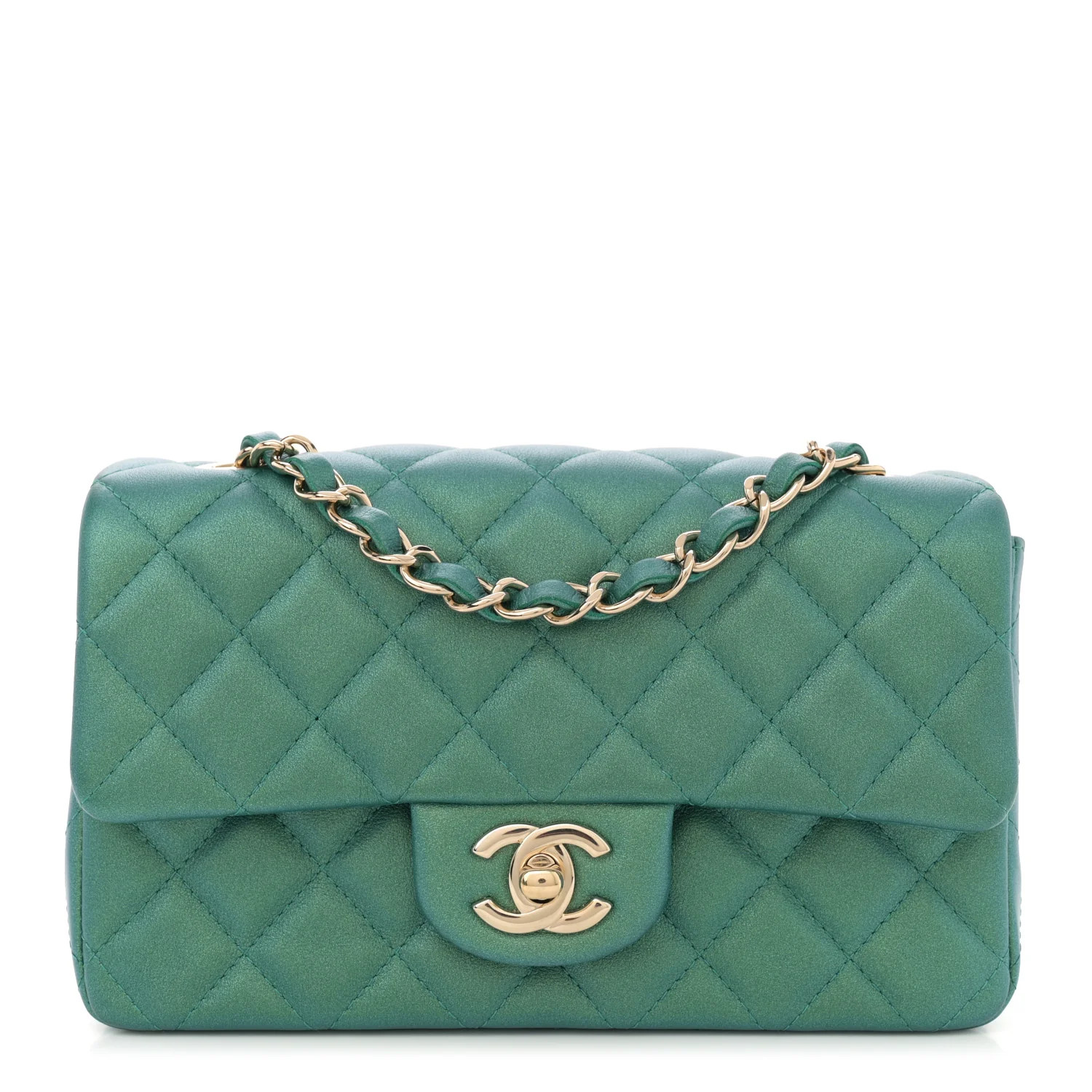 Iridescent Calfskin Quilted Mini Rectangular Flap Green | FASHIONPHILE (US)