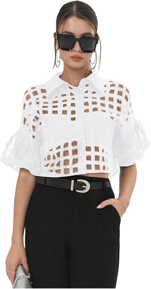 GORGLITTER Women's Sheer Puff Sleeve Tops Blouse Dressy Casual Y2K Mesh Cropped Button Down Shirt... | Amazon (US)