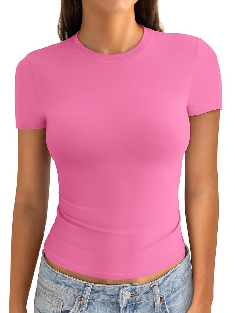 Womens Cotton Crew Neck Short Sleeve Shirts Summer Top Fashion Round Neck Crop Tops Basic Going O... | Amazon (US)