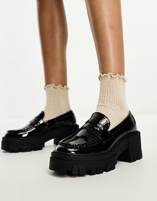 ASOS DESIGN Script chunky mid heeled loafers in black patent | ASOS (Global)