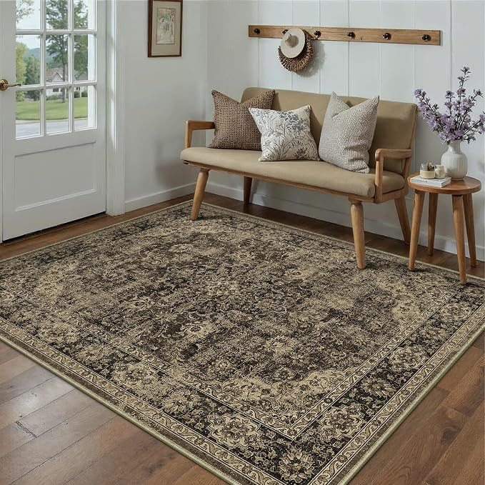 Retro Brown Area Rug 5x7 Machine Washable Living Room Rugs Distressed Vintage Floral Low Pile Car... | Amazon (US)