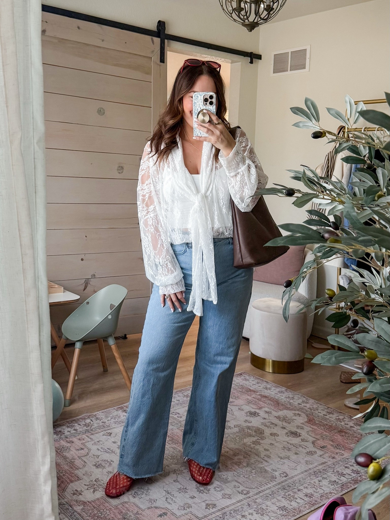 Date night outfit - cami with built in pads underneath this top, red jelly flats and loose wide leg jeans // size large in top and jeans tts

#LTKmomlife #LTKMidsize #LTKootd
