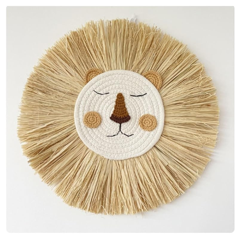 Nursery Baby Room Lion Wall Decor Cotton Thread Straw Woven Animal Head Wall Hanging Ornament | Amazon (US)