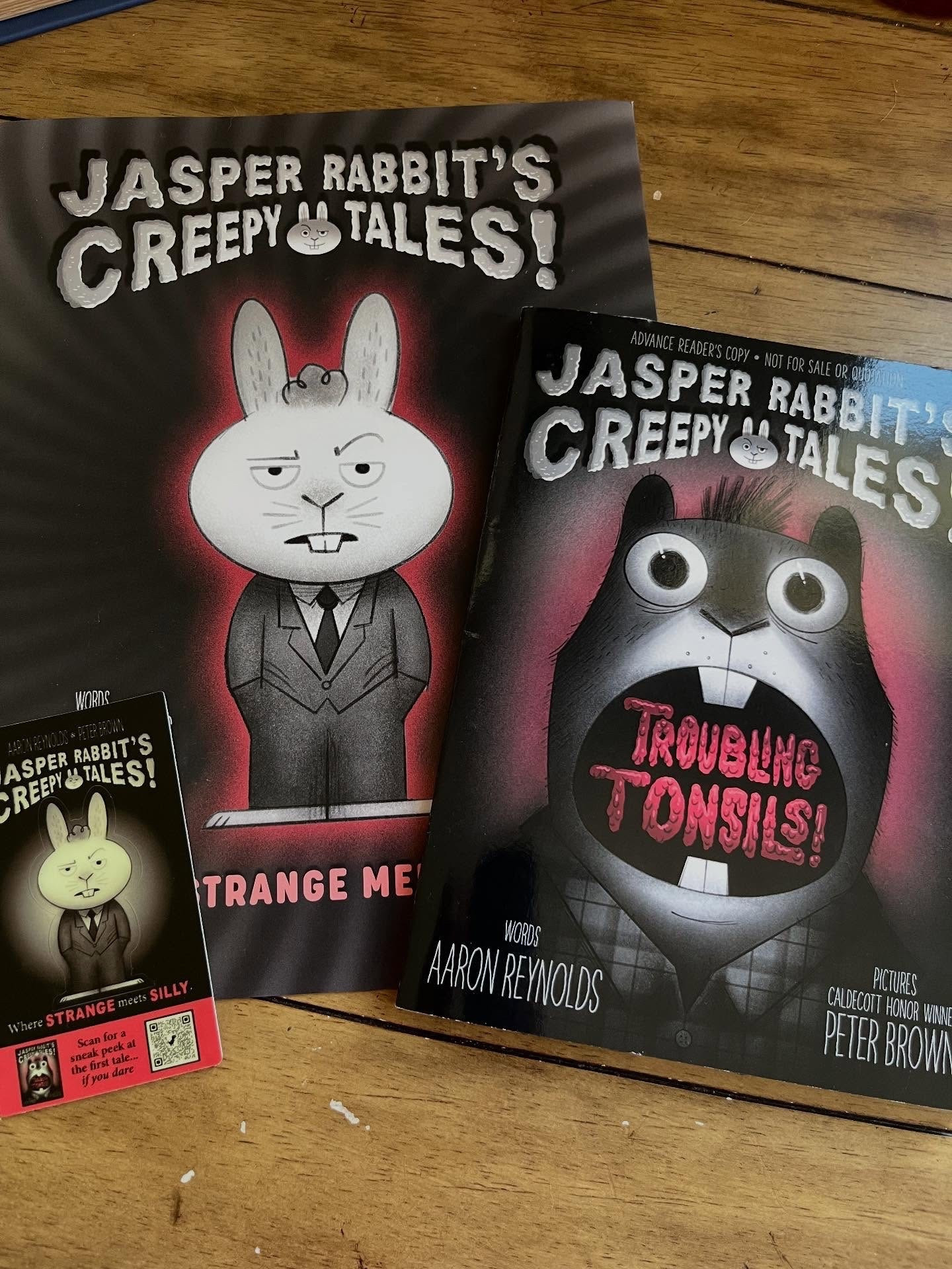 🐰 Thriller Thursday 🐰 
Book Spotlight 
Troubling Tonsils 
By: Aaron Reynolds 

Thanks @simonkids for the #gifted copy! 

Synopsis: 
“From the team behind the New York Times bestselling and Caldecott Medal–winning Creepy Carrots! and its sequels comes the first entry in a spin-off chapter book series in which Jasper Rabbit tells the story of a young marmot whose tonsils get the better of him.

Jasper the Rabbit is back! A little older and wiser, he collects creepy stories to share as cautionary tales. If you’re ready for some chills and chuckles alike, tune in as Jasper weaves the yarn of Charlie Marmot and the particular pickle he found himself in.

See, Charlie here has a problem: his tonsils have become infected and have to come out. No biggie, right? But when he decides he wants to keep them in a jar for show and tell, things get creepy… First, strange slurping sounds in his room keep Charlie awake the night before his surgery. Then, he goes to the doctor only to be told his tonsils are already gone! Could it be they’re out for revenge?

Join Jasper and Charlie in this first Creepy Tale chapter book and learn from Charlie’s mistakes before it’s too late!”

My students love the creepy carrots series. I am so excited to add this one to our collection! 

Did you enjoy spooky books as a kid? 

#bookmail #bookishmail #tbr #bookish  #newrelease #newbookalert #gifted 
#jasperrabbit #simonkidscrew #aaronreynolds #peterbrown #childrensbook #troublingtonsils @aaronreynoldsbooks @peterbrownstudio
