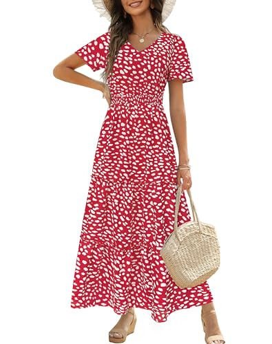 Zattcas Summer Maxi Dresses for Women 2026 Short Flutter Sleeve V Neck Smocked Waist Tiered Flowy Modest Boho Casual Long Floral Dress with Pockets Redwhite M | Amazon (US)