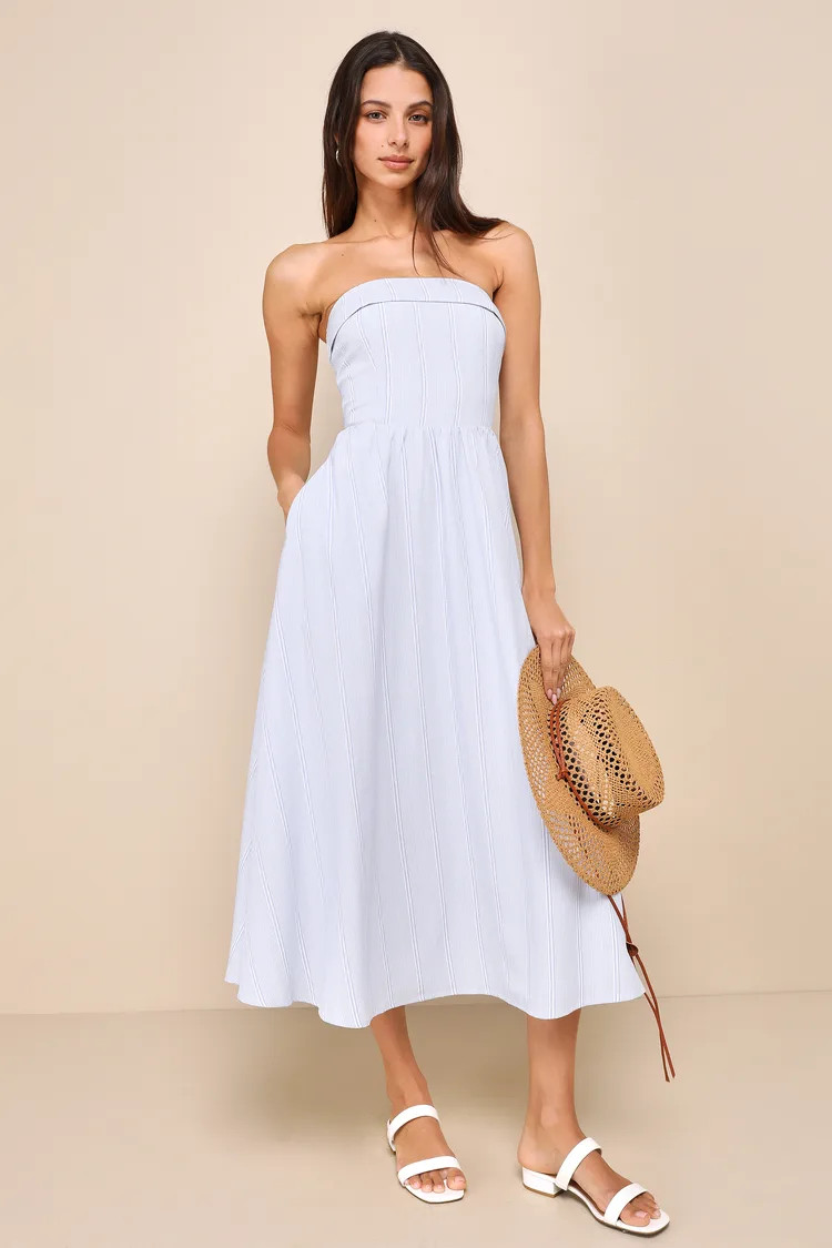 Seine Summer Blue Striped Strapless Midi Dress With Pockets | Lulus