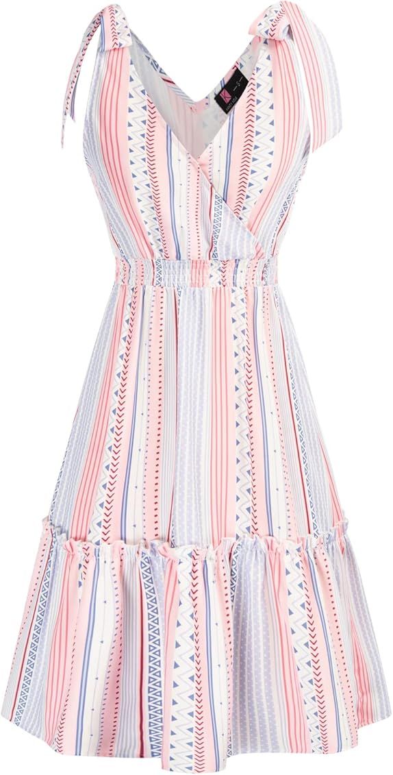 KANCY KOLE Women's Wrap V Neck Summer Mini Dress Sleeveless Tie Shoulder Floral Print Ruffle Pleated | Amazon (US)