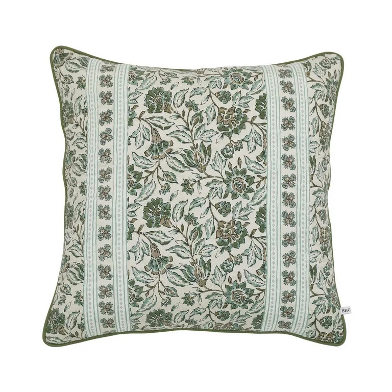 Better Homes & Gardens 20" x 20" Sage Green Block Print Floral Reversible Cotton Decorative Pillo... | Walmart (US)