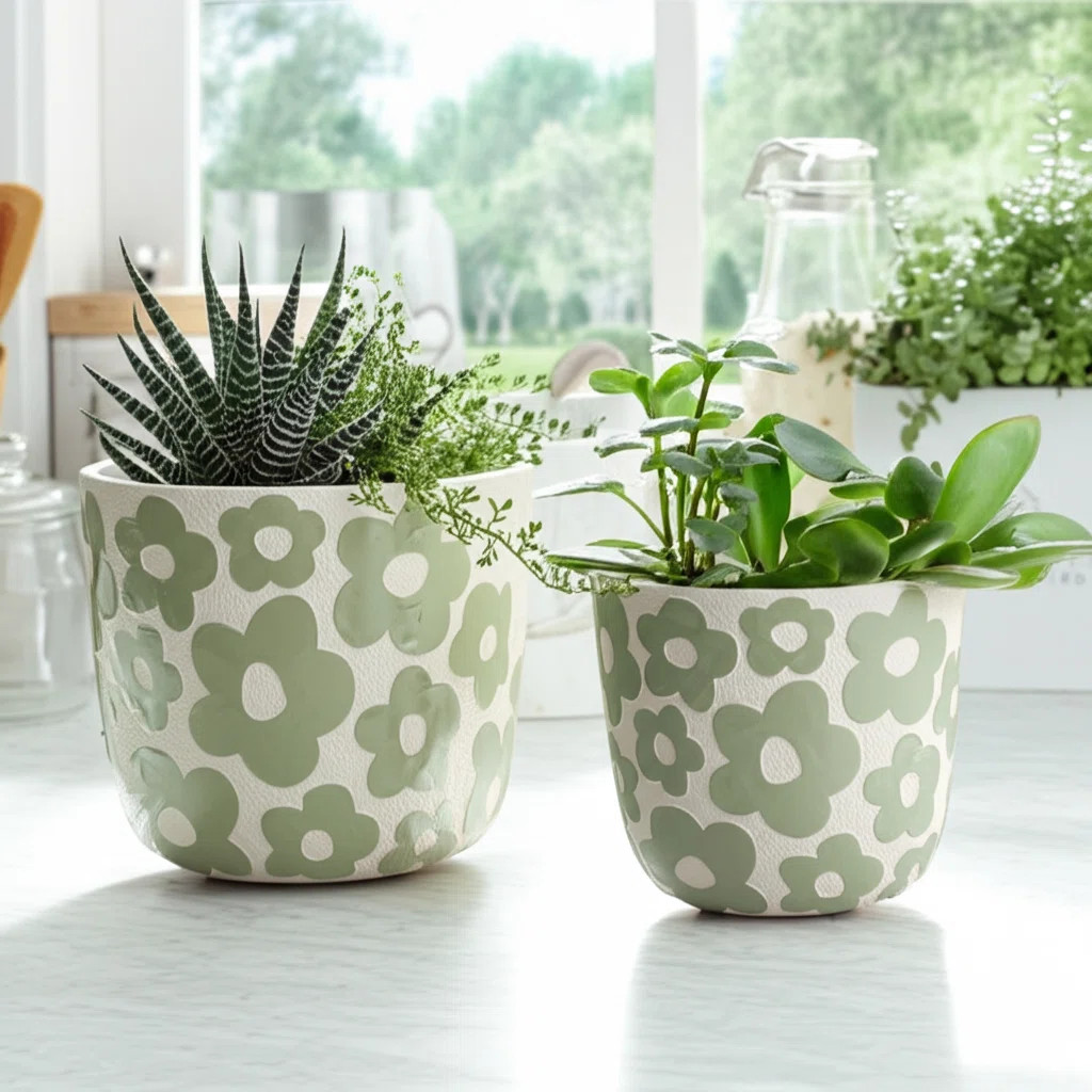 Pottery and Cement Planters with Decorative Design - Durable Indoor/Outdoor Plant Pots - Modern F... | Wayfair North America
