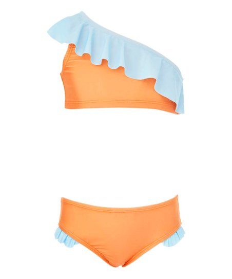 Orange & Light Blue Ruffle Asymmetrical Bikini - Girls | Zulily