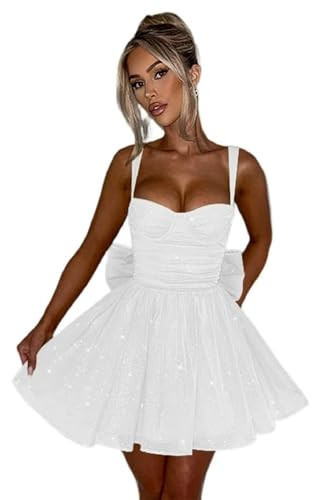 Short Wedding Dress for Bride Glitter Tulle Mini Princess A Line Spaghetti Straps Bridal Gowns with Bow White US0 | Amazon (US)
