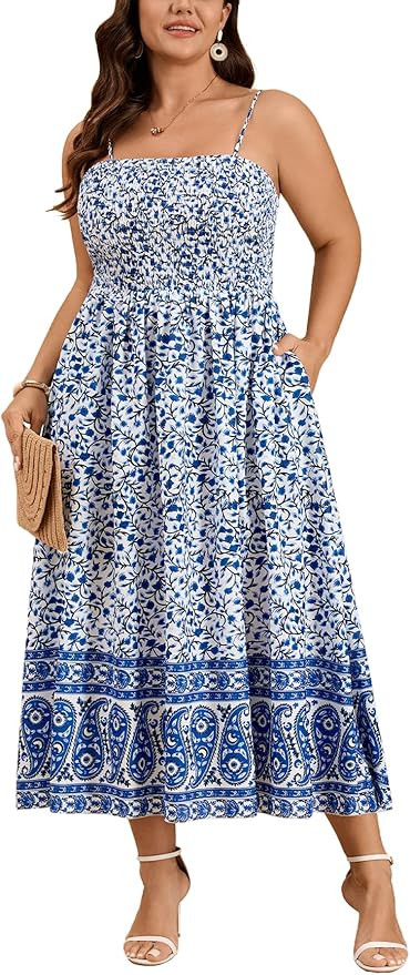 CICIDUDU Plus Size Spaghetti Strap Summer Boho Floral Dress Beach Sleeveless Sundress Smocked Max... | Amazon (US)