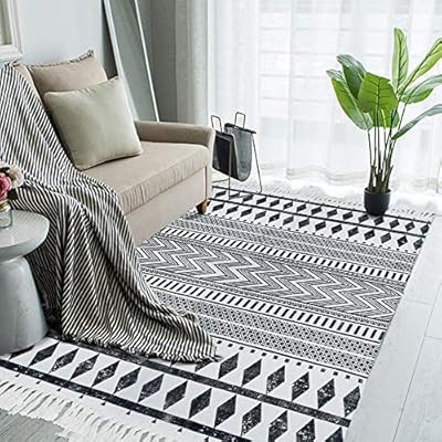 HEBE Large Cotton Area Rugs 3'x5' Machine Washable Printed Woven Tassel Throw Rugs Black and Whit... | Amazon (US)