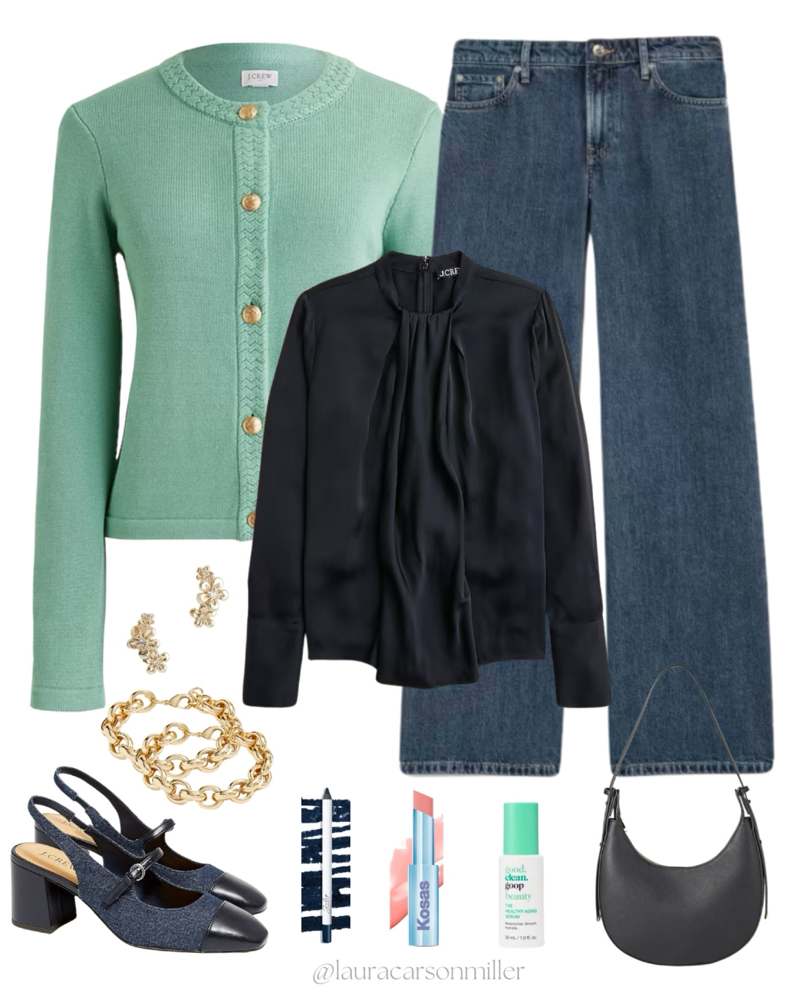 These sling backs are totally boss! This is a work outfit or a date night ensemble or wear it out dinner with your best girlfriend! A casually chic blouse like the one shown here is so versatile and easily dresses up jeans or a denim skirt. Pair with the beautiful Seagram green jacket you look so put together and so classically modern. Gold jewelry is always on trend and these climber earrings are uniquely fun and so so pretty.
Laura carson miller, blouse, green jacket, sling backs, gold jewelry, valentines outfit, date night outfit, dinner with friends, casually chic, classically modern 

#LTKMidsize #LTKOver40 #LTKShoeCrush