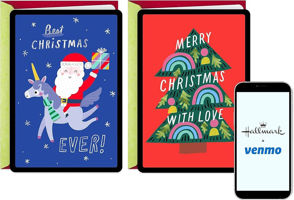 Hallmark and Venmo Christmas Cards (2 Cards with Envelopes) Santa with Unicorn, Rainbow Christmas... | Amazon (US)