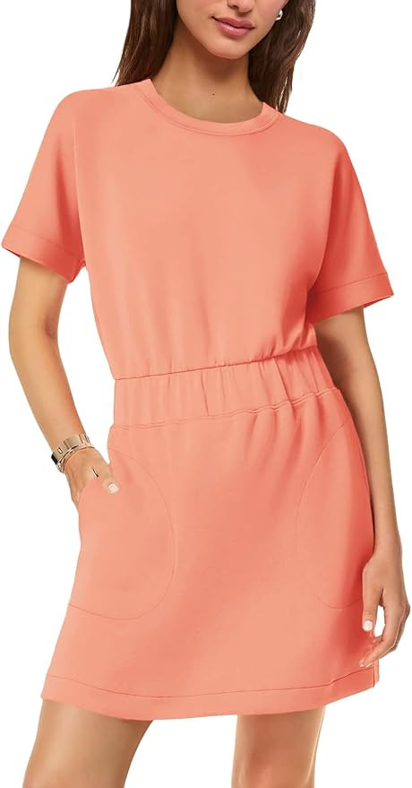 SENSERISE Womens Short Sleeve T Shirt Dresses Crew Neck Solid Color Basic Smocked Waist Dress wit... | Amazon (US)