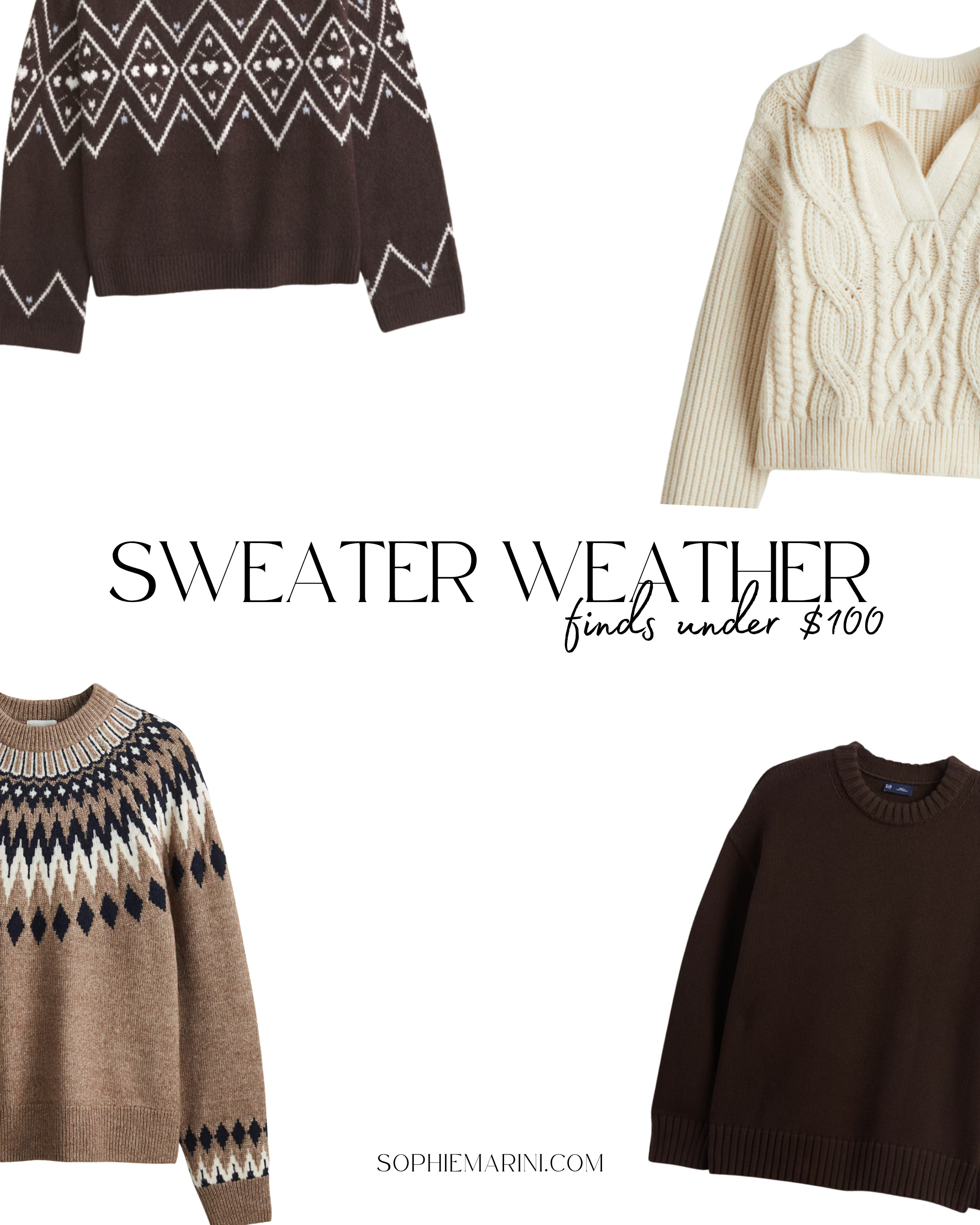 Sweaters under $100
[brown fairisle, Abercrombie, Cotton Oversized Sweater, Jacquard-Knit Sweater, cable knit sweater with collar, butter yellow bubble-hem cardigan, plum Cropped Eyelash Cardigan Sweater] 
 

 #LTKSeasonal #LTKFindsUnder100