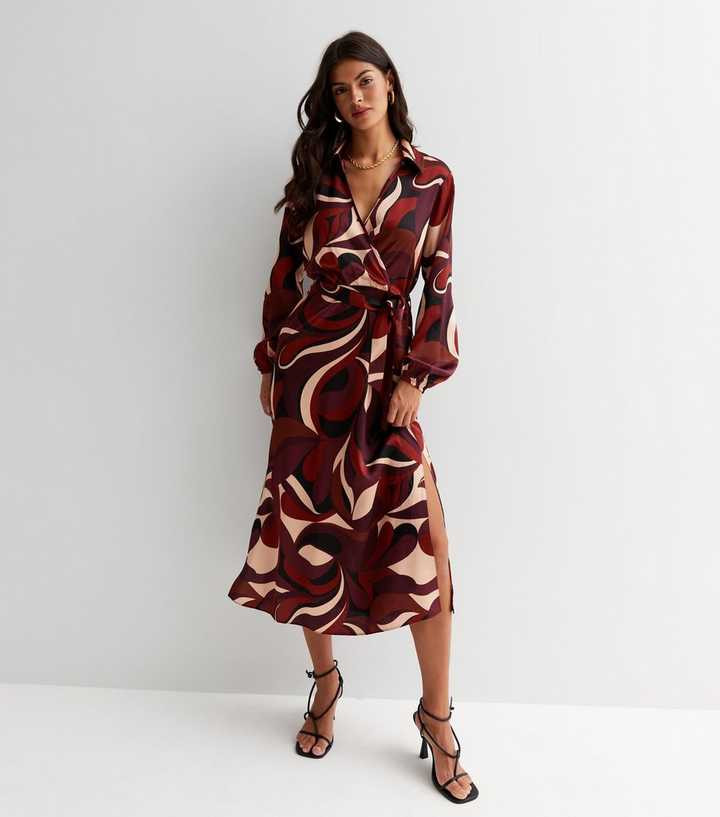 Brown Abstract Long Puff Sleeve Belted Midi Wrap Dress
						
						Add to Saved Items
						Remo... | New Look (UK)