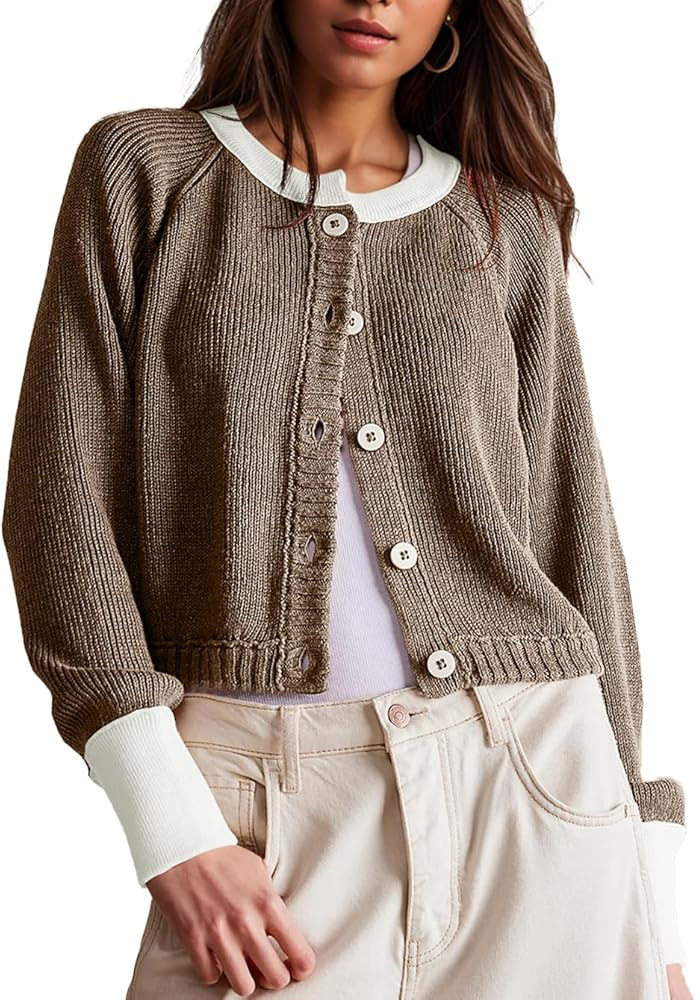 Women's Cropped Cardigan Sweaters Fall Long Sleeve Open Front Cardigans Button Down Color Block C... | Amazon (US)