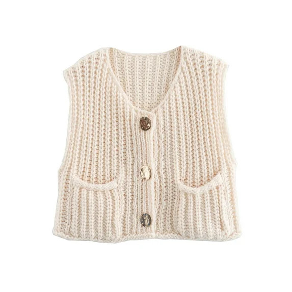 Shine Up Vest for Women Button Down Cardigan Sweater Sleeveless Crochet Knit Tops with Pockets | Walmart (US)