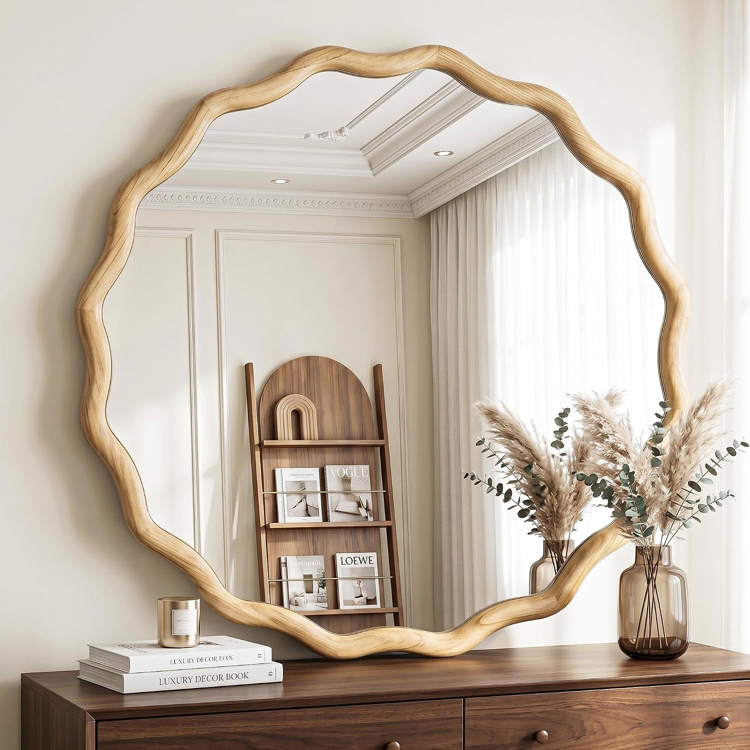 FICTOR Round Wood Wall Mirror, 36" Boho Wavy Circle Mirror | Amazon (US)