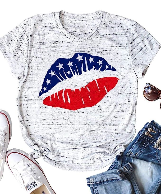 Womens 4th of July American Flag Lips Vintage T Shirt Shirts Summer Lightweight Casual Graphic To... | Amazon (US)