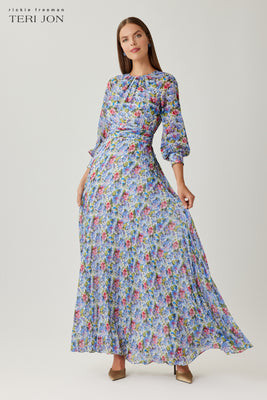 Chiffon Print Long Sleeve Pleated Gown | TERI JON